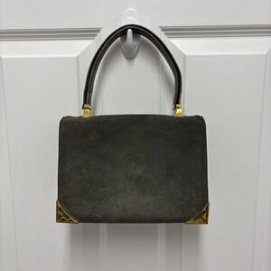 Koret Vintage Gray Neutral Suede Evening Gold Accent‎ Top Handle Handbag